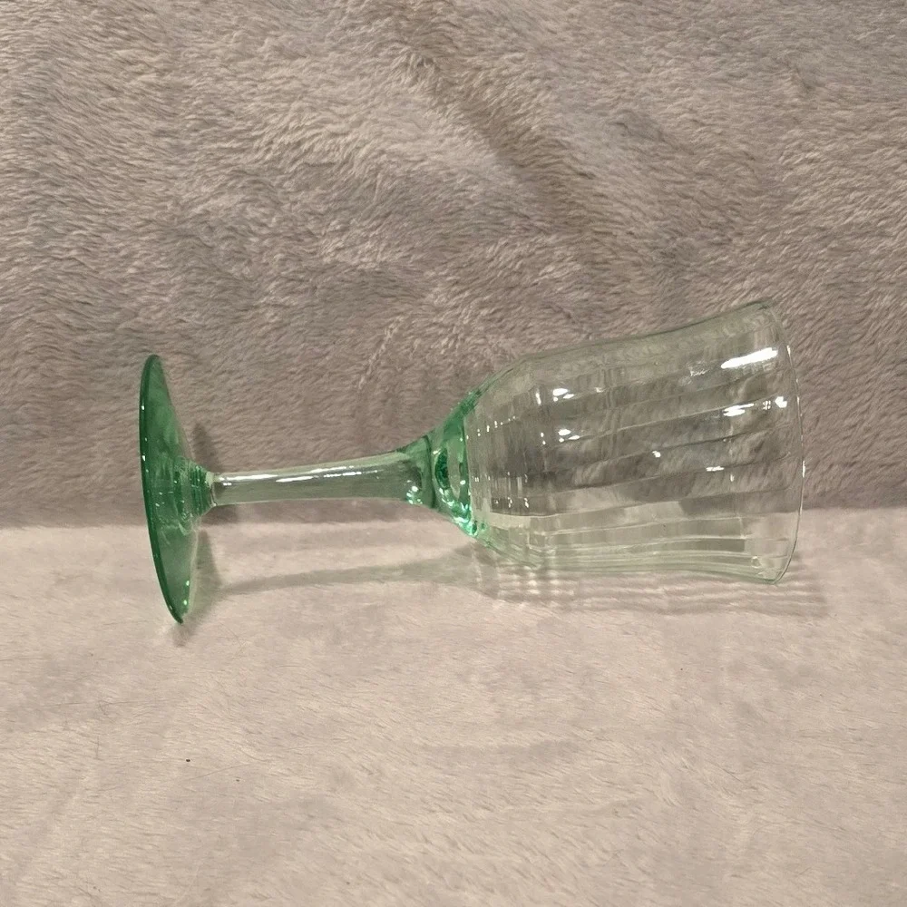 Vintage Green Uranium‎ Glass Wine Goblet Optic Rib Depression Glass UV Glow